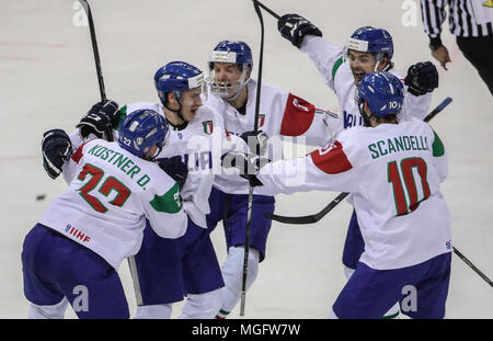 Budapest, Hungary. 28th Apr, 2018. Italy's players celebrate after the Division I Group A match between Italy and Slovenia at the 2018 IIHF Ice Hockey World Championship in Budapest, Hungary, on April 28, 2018. Italy won 4-3. Credit: Csaba Domotor/Xinhua/Alamy Live News Stock Photo
