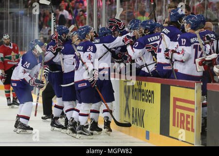 Budapest, Hungary. 28th Apr, 2018. Players of Britain celebrate after the Division I Group A match between Britain and Hungary at the 2018 IIHF Ice Hockey World Championship in Budapest, Hungary, on April 28, 2018. Britain won 3-2. Credit: Csaba Domotor/Xinhua/Alamy Live News Stock Photo