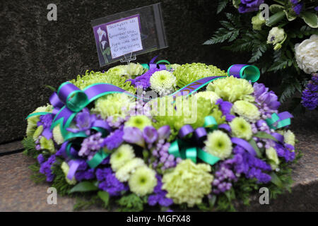 Manchester, UK. 28 April 2018. A floral wreath with the message ' Remember the Dead, and Fight like Hell for the Living' at the International Workers Memoriial Day rally in Manchester city centre. This day (April 28th) each year commemorates all workers killed, injured or made ill by their work. Credit: SOPA Images Limited/Alamy Live News Stock Photo