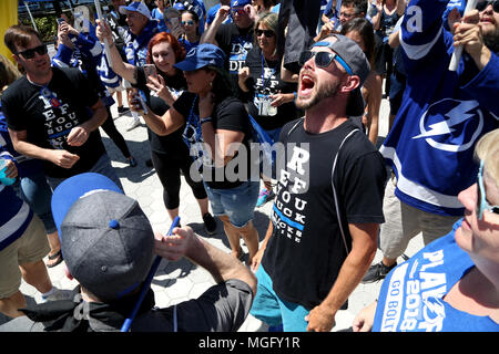 Tampa, Florida, USA. 28th Apr, 2018. DOUGLAS R. CLIFFORD | Times.Sticks of Fire gather to rally for the LIghtning in Thunder Alley before the start of Saturdays (4/28/18) game between theTampa Bay Lightning and the Boston Bruins during Game 1 of the Eastern Conference Second Round at Amalie Arena in Tampa. Credit: Douglas R. Clifford/Tampa Bay Times/ZUMA Wire/Alamy Live News Stock Photo