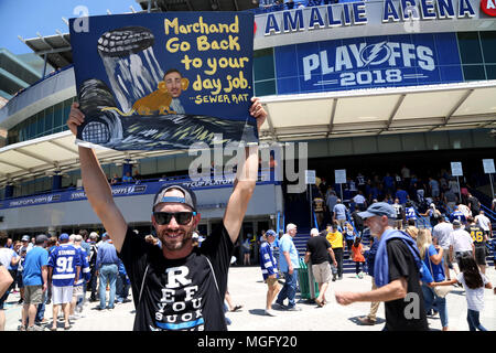 Tampa, Florida, USA. 28th Apr, 2018. DOUGLAS R. CLIFFORD | Times.Andrew Miller, of Tampa, displays his disdain for Boston Bruins left wing Brad Marchand (63) while joining the Sticks of Fire in Thunder Alley before the start of Saturdays (4/28/18) game between theTampa Bay Lightning and the Boston Bruins during Game 1 of the Eastern Conference Second Round at Amalie Arena in Tampa. Credit: Douglas R. Clifford/Tampa Bay Times/ZUMA Wire/Alamy Live News Stock Photo