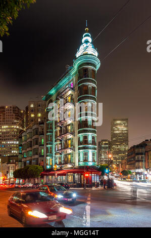 Columbus Tower or Sentinel Building in San Francisco, California, USA at night. It was completed in 1907 and is an important San Francisco landmark. Stock Photo