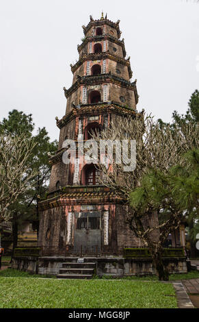 the historic seven story Thien Mu Pagoda, the official symbol of Hue, on the Perfume River, Vietnam Stock Photo