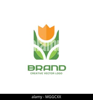 Flower vector logo concept illustration, simple flat Flower with leaves vector illustration, Leafs logo sign Design element Stock Vector