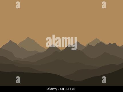 Vector illustration of a mountain landscape under an orange-brown sky Stock Vector