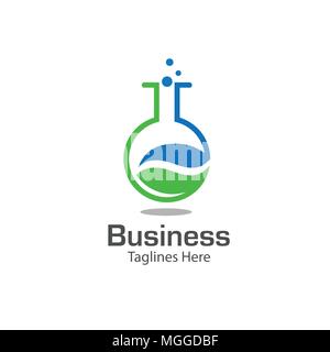 lab logo with leaf symbol, colored test tube with fresh green leaf, bio lab log vector Stock Vector