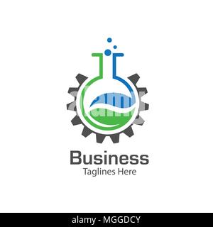 lab logo with leaf and gear symbol, colored test tube with fresh green lea and gear logo, bio lab logo vector Stock Vector