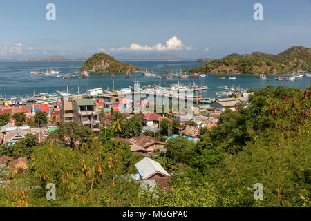 View of harbor at  Labuan Bajo, Indonesia from hillside above town Stock Photo