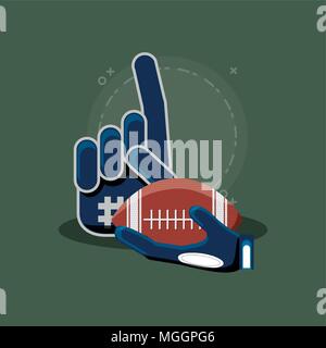 sport fan glove and american football ball over green background, colorful design. vector illustration Stock Vector