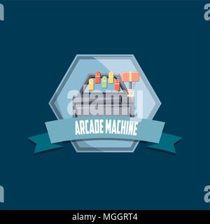emblem with Retro Arcade Video Game Machine and decorative ribbon over blue background, colorful design. vector illustration Stock Vector