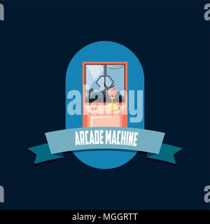 arcade machine emblem with catching game machine and decorative ribbon over background, colorful design. vector illustration Stock Vector