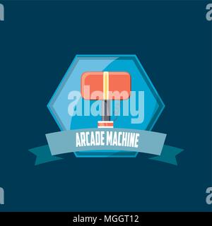 arcade machine emblem with and hammer icon decorative ribbon over blue background, colorful design. vector illustration Stock Vector