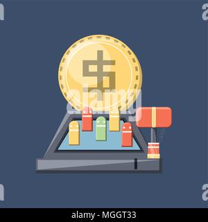 hammer arcade machine and coin over blue background, colorful design. vector illustration Stock Vector