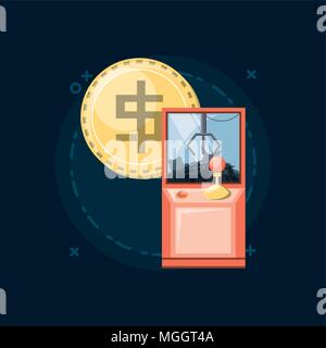 arcade claw machine and coin icon over blue background, colorful design. vector illustration Stock Vector