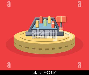 coin with hammer arcade machine over red background, colorful design. vector illustration Stock Vector