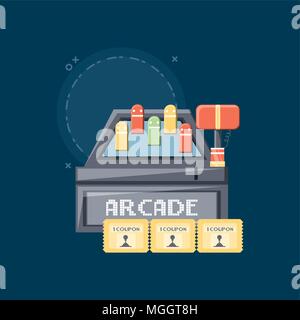 hammer arcade machine and coupons over blue background, colorful design. vector illustration Stock Vector