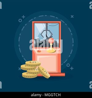 arcade claw machine and coins icon over blue background, colorful design. vector illustration Stock Vector