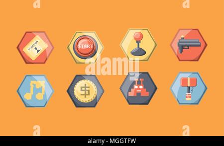 icon set of arcade machine related icons over orange background, colorful design. vector illustration Stock Vector