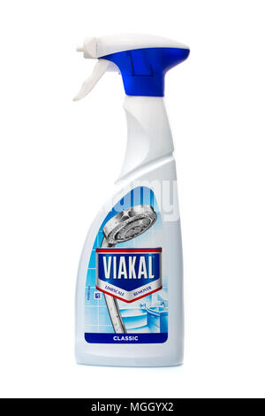 SWINDON, UK - APRIL 28, 2018: Viakal Classic Limescale remover spray bottle on a white background Stock Photo