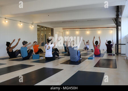 A pilates class in progress at the Peckham Levels, the newly converted multi-storey car park in this now-trendy part of South East London, UK Stock Photo