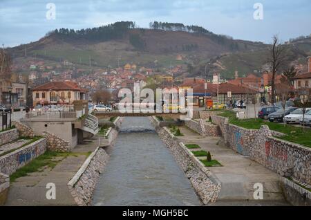 The town of Novi Pazar in the historical region of Sandzak, Serbia: the center and the Raska river Stock Photo