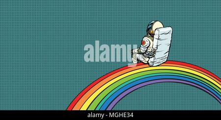 astronaut sits on a rainbow Stock Vector