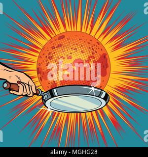 People with a frying pan fry the planet Mars Stock Vector