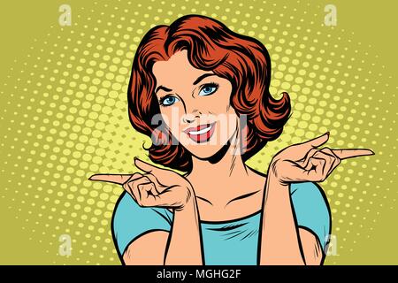 Woman pointing fingers left and right Stock Vector