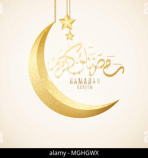 Greeting card on Ramadan Kareem. Golden luxury crescent. Islamic geometric ornament. Golden 3d stars hang. Religion Holy Month. Hand drawn calligraphy Stock Vector