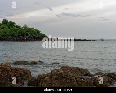 Scenery view in Ban Krut, Prachuap Khiri Khan with beach, sea, mountain, sky, and island, which is famous tourist destination in Thailand Stock Photo