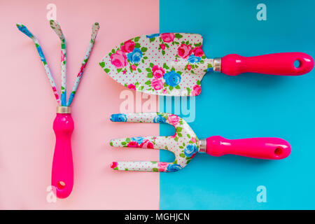 colorful gardening tools. tools for garden isolated on blue and pink background. Metal shovels forks and spade. Stock Photo