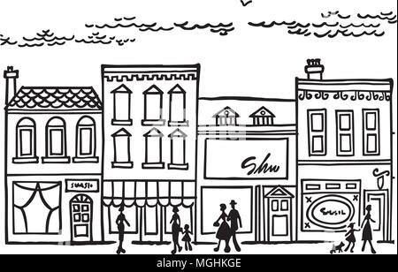 Small Town Main Street - Retro Clipart Illustration Stock Vector