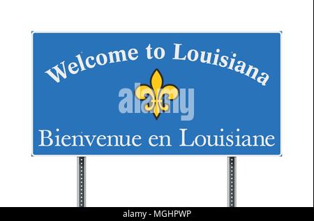 Vector illustration of the Welcome to Louisiana road sign with the French translation Stock Vector