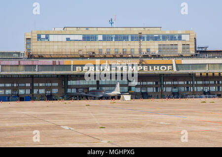 Tempelhof Feld airport terminal and apron with a now disused DC10 formerly used to transport troops Stock Photo