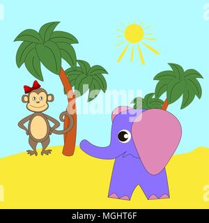 Cartoon baby elephant and monkey. Stock Vector