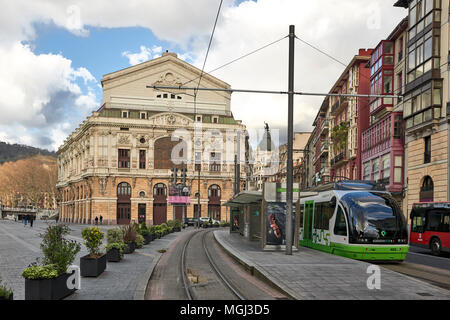 Arriaga Theatre and Bilbao Tram, Bilbao, Biscay, Basque Country, Euskadi, Euskal Herria, Spain, Europe Stock Photo