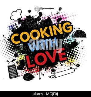 Cooking with love on black ink splatter background, vector illustration Stock Vector