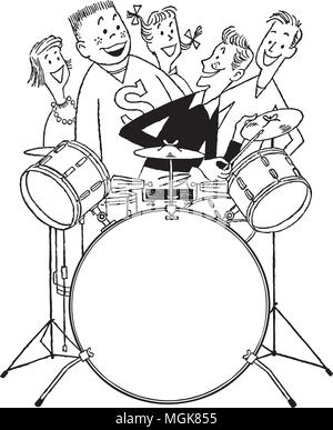 Teens With Drum Set - Retro Clipart Illustration Stock Vector