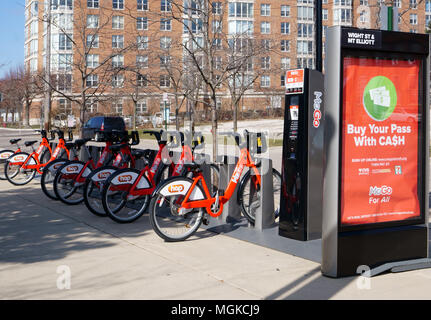 Detroit, Michigan/USA - April 8th, 2018 : MoGo, a selfserve bicycle rental station. Stock Photo