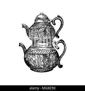 Hand drawn sketch style Turkish tea pot isolated on white background. Vector illustration. Stock Vector