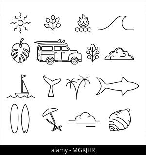 Summer icon set in modern line art style, big adventure activity symbol collection. Includes retro car, ocean wave, surf elements and tropical plants. Stock Vector