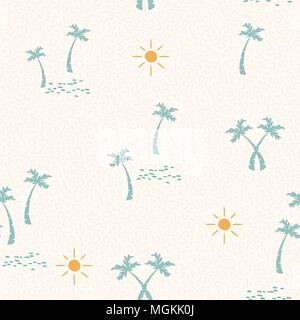 Summer pattern with hand drawn tropical beach icons. Summertime background design in grunge texture style, includes palm tree and sun. EPS10 vector. Stock Vector