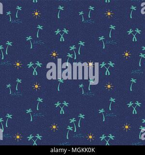 Summer beach seamless pattern background with small hand drawn vacation icons of sea, palm trees and sun. EPS10 vector. Stock Vector