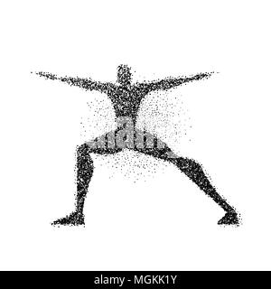 Yoga pose silhouette made of particle dust splash. Man doing meditation exercise in action. EPS10 vector. Stock Vector