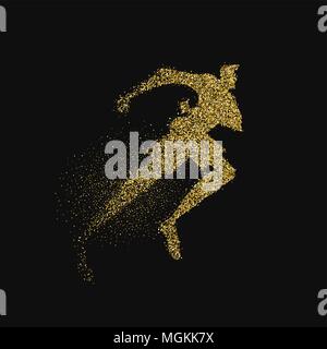 Runner silhouette made of gold glitter splash on black background. Golden color man running race. EPS10 vector. Stock Vector