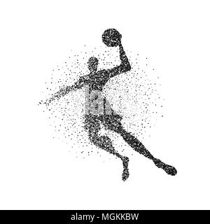 Basketball player silhouette made of black particle splash on isolated background. Abstract athlete man in action with basket ball. EPS10 vector. Stock Vector