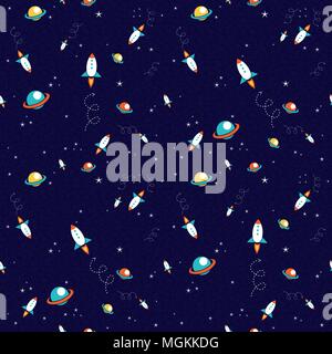 Cosmic seamless pattern of hand drawn planets and rocket spaceship. Outer space galaxy background. EPS10 vector. Stock Vector