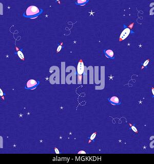 Cosmic seamless pattern of hand drawn planets and rocket spaceship. Outer space galaxy background. EPS10 vector. Stock Vector