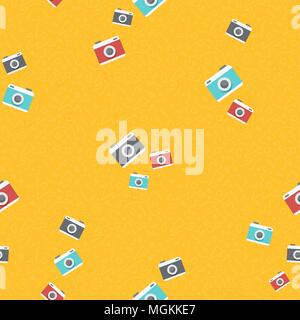 Seamless pattern of colorful retro photo cameras. Vintage photography equipment background illustration. EPS10 vector. Stock Vector
