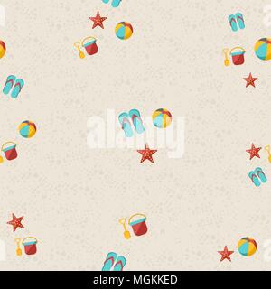 Seamless pattern of beach coast with kids toys, starfish and game ball. Summer season background, fun summertime illustration. EPS10 vector.